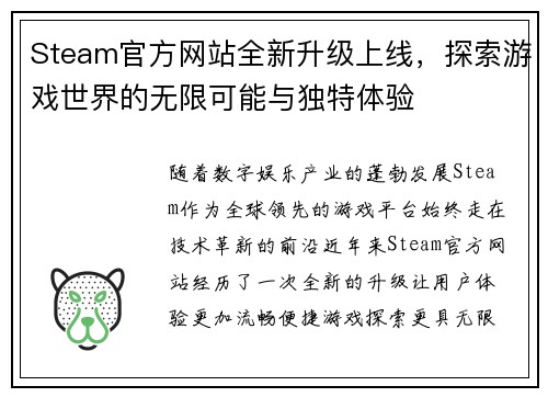 Steam官方网站全新升级上线，探索游戏世界的无限可能与独特体验