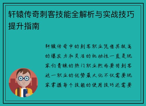 轩辕传奇刺客技能全解析与实战技巧提升指南
